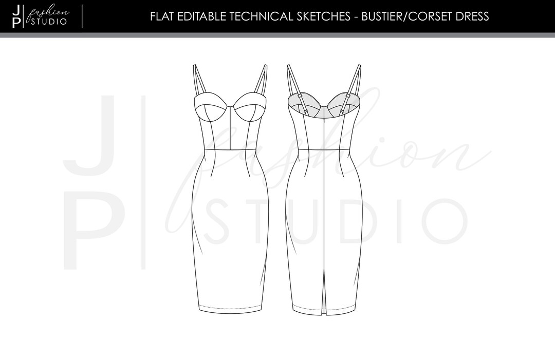Womens Midi Dress fashion flat technical drawing template Evening midi  Dress with corset fashion flat illustration puff sleeves side split  square neck front and back view white CAD mockup Stock Vector 