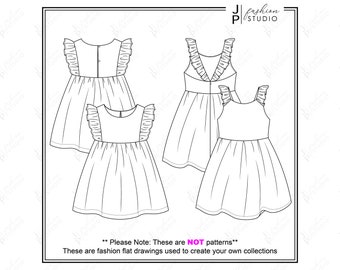 Set of Baby Girls Dresses (2 styles) Vector Fashion Flat Sketches / Kids Fashion Technical Illustration Template