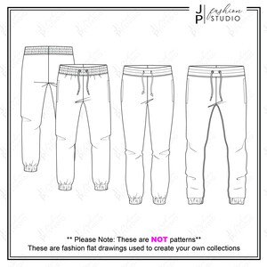 Op de afbeelding: Lijntekening van drie verschillende stijlen joggingbroeken. De joggingbroeken hebben een trekkoord tailleband en getailleerde enkels. De illustratie is alleen voor modeontwerpdoeleinden en is geen naaipatroon.
