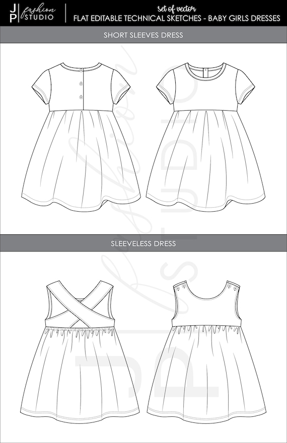 Cute Baby Girls Pinafore fashion flat sketch template. Kids Jumper Dress  Technical Fashion Illustration. Straps crossing over at back. Front Bib  pocket. Button Closure Stock Vector | Adobe Stock