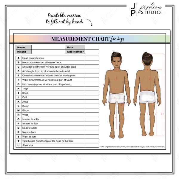 PRINTABLE Body Measurement Sheet for boys / Kids Fashion Designer Template / Children Sewing Measurement Sheet / PDF & JPG