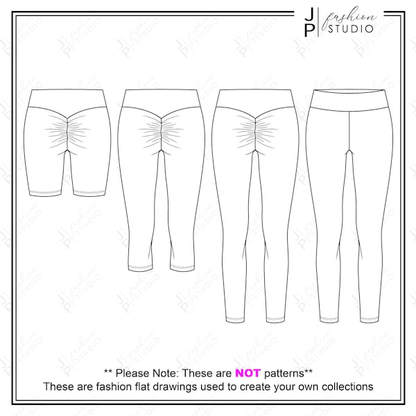 Set of Women / Girls Scrunch Butt Leggings (3 styles) Vector fashion design sketches / Fashion Technical Illustration Template