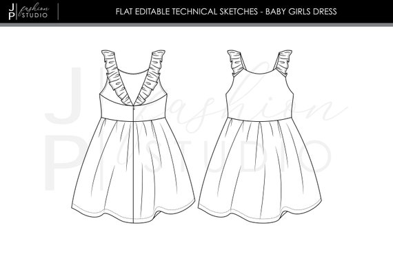 Baby Girls Short Sleeves Dress Fashion Flat Sketch Template. Girls Empire  Waist Dress Technical Fashion Illustration. Back Buttons Stock Vector -  Illustration of drawing, opening: 212854151
