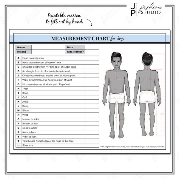 PRINTABLE Boys Body Measurement Sheet / Kids Fashion Designer Template / Children Sewing Measurement Sheet / PDF & JPG