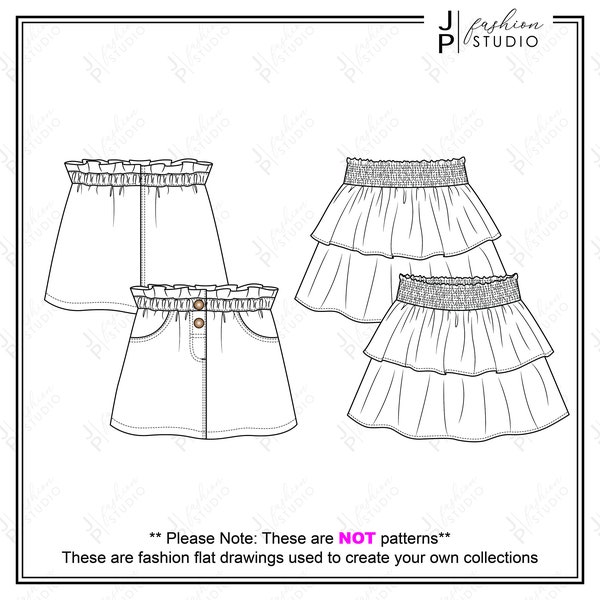 Set of Baby Girls skirts (2 styles) Vector Fashion Flat Sketches / Kids Fashion Technical Illustration Template / Elastic Waist