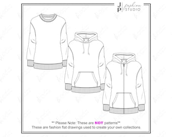 Set of Women Sweatshirts (3 Styles) Vector Fashion Flat Sketches / Fashion Technical Illustration Template