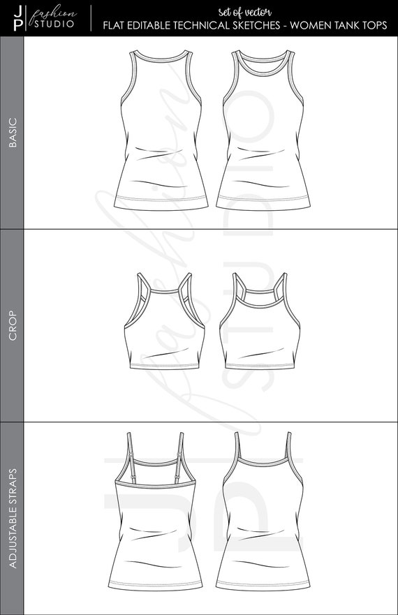 Set of Women Tank Tops Sketches 3 Styles / Fashions Cads / Fashion  Technical Drawings / Fashion Flat Sketches for Adobe Illustrator -   Canada
