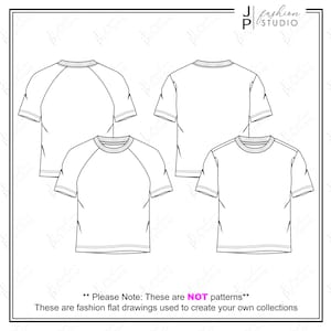 May include: Line drawing of four t-shirt designs. Two of the designs have a crew neck and two have a raglan sleeve.  **Please Note: These are NOT patterns** These are fashion flat drawings used to create your own collections.