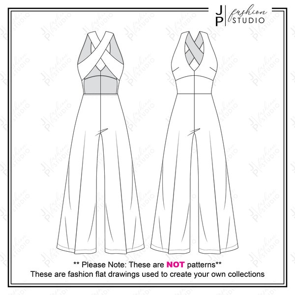 Women Chic Stretch Knit Low V-Neck Wide Leg Jumpsuit Vector Fashion Flat Sketches / Fashion Technical Illustration Template / Halter Look