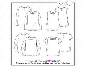 Baby Girls Tops Fashion Flat Sketches (4 styles) / Kids Fashion Technical Illustration Vector Template / Short and Long Sleeves Tops
