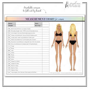 PRINTABLE Women Body Measurement Sheet, Fashion Designer Template, Sewing Measurement Sheet, Body Contouring, PDF & JPG