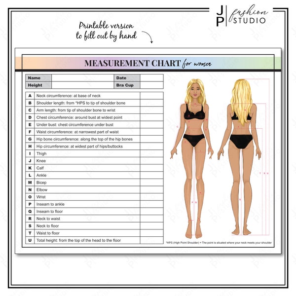 PRINTABLE Women Body Measurement Sheet, Fashion Designer Template, Sewing Measurement Sheet, Body Contouring, PDF & JPG