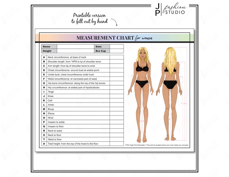 PRINTABLE Women Body Measurement Sheet Fashion Designer Template