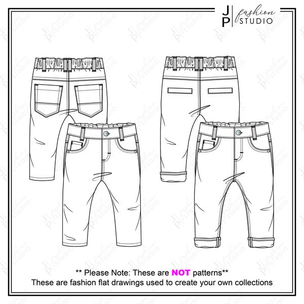 Baby Boys Trousers / Pants Fashion Flat Sketches (2 Styles) / Kids Fashion Technical Drawings / Fashion Templates