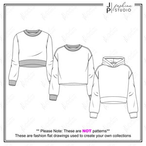 女性用クロップ スウェットシャツ トップス / パーカー (3 スタイル) ベクター ファッション フラット スケッチ / ファッション テクニカル イラスト テンプレート