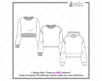 Women Crop Sweatshirt Tops / Hoodie (3 Styles) Vector Fashion Flat Sketches / Fashion Technical Illustration Template