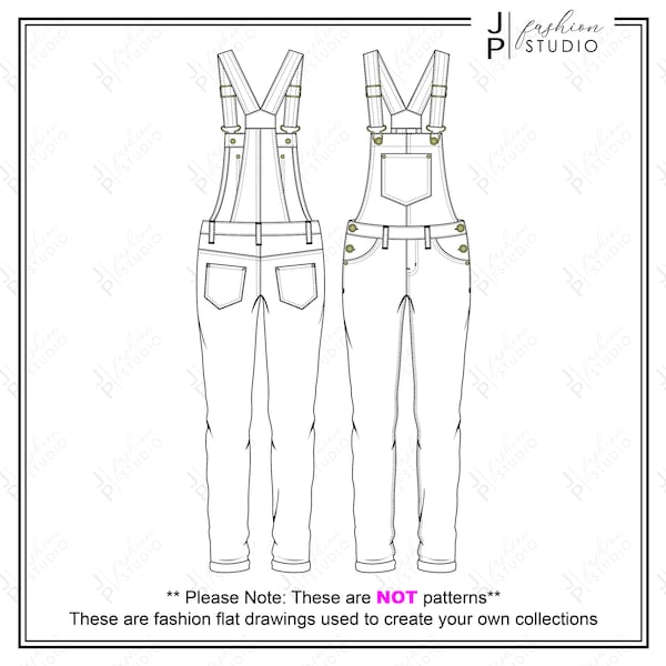 Women / Girls Overall Jumpsuit Vector Fashion Flat Sketches / Fashion Technical Illustration Template