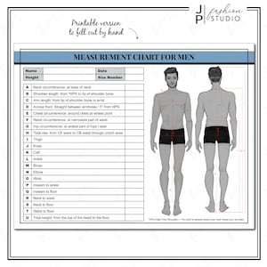 DO DRUKU Arkusz pomiarów ciała męskiego / Szablon projektanta mody / Arkusz pomiarów do szycia / PDF i JPG