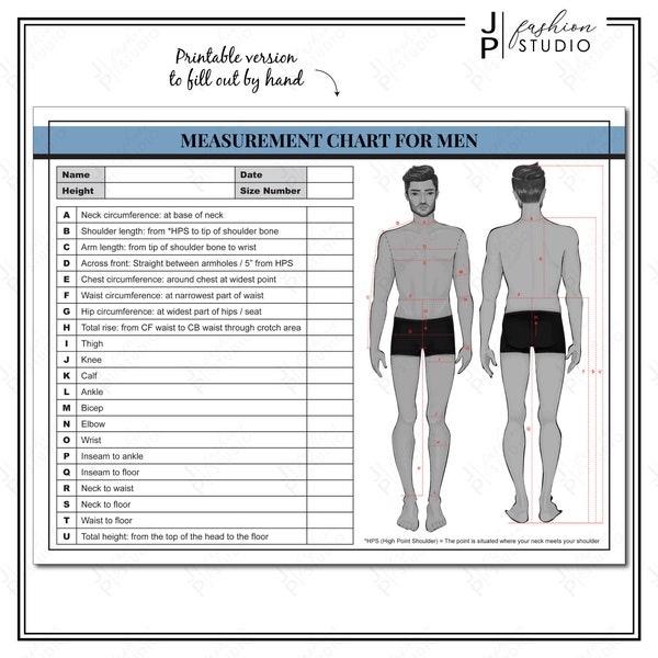 PRINTABLE Men's Body Measurement Sheet / Fashion Designer Template / Sewing Measurement Sheet / PDF & JPG