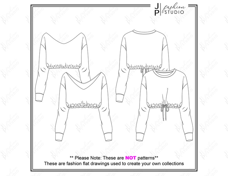 Conjunto de blusas/sudaderas de moda para mujeres 2 estilos Bocetos planos de moda vectorial/Plantilla de ilustración técnica de moda imagen 1