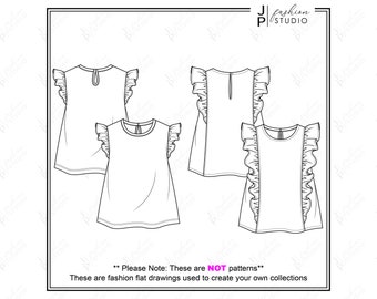 Set of Baby Girls Frill Tops (2 styles) Vector Fashion Flat Sketches / Kids Fashion Technical Illustration Template