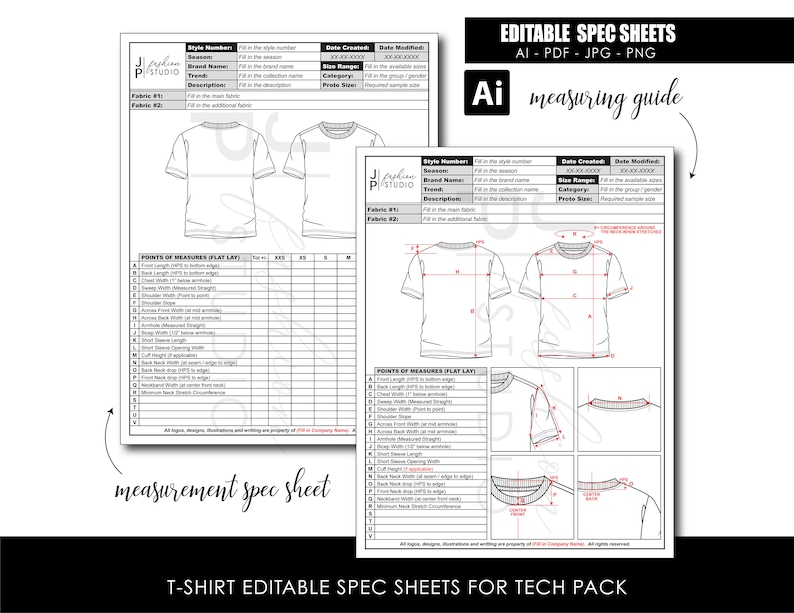 Tech Pack Spec Sheet Templates for Basic Tshirts, Apparel Industry