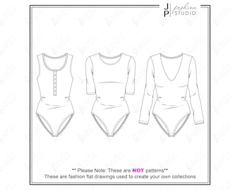 Set of Women Bodysuits (3 styles) Vector Fashion Flat Sketches / Fashion Technical Illustration Template