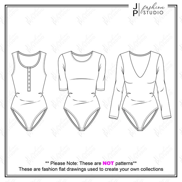 Set of Women Bodysuits (3 styles) Vector Fashion Flat Sketches / Fashion Technical Illustration Template