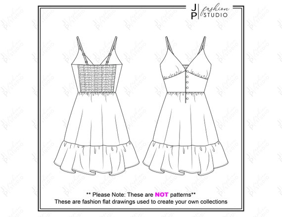 Women V Neck Peasant Dress Vector Fashion Flat Sketches Girls A Line Ruffle Sundress Fashion Technical Illustration Template