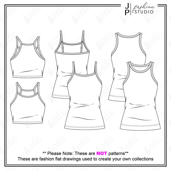 Set of Women Tank Tops Sketches (3 styles) / Fashions CADs / Fashion Technical Drawings / Fashion Flat Sketches for Adobe Illustrator