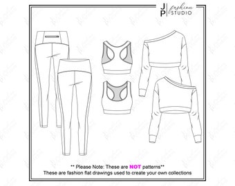 Women Activewear Outfit (3 Styles) Vector Fashion Flat Sketches / Fashion Technical Illustration Template / Crop Sweatshirt, Bra, Legging