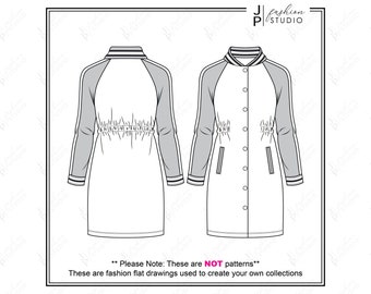 Girls / Teen Baseball Jacket Dress Vector Fashion Flat Sketches / Fashion Technical Illustration Template, Snap opening