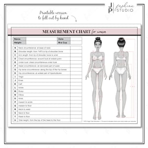 印刷可能な女性の身体測定シート / ファッションデザイナーテンプレート / 縫製測定シート / PDF および JPG