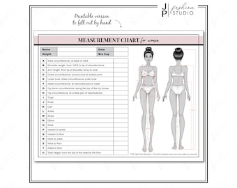 Puede incluir: Tabla de medidas imprimible para mujeres con un dibujo de línea de una mujer en sujetador y ropa interior. La tabla incluye medidas para el cuello, el hombro, el brazo, el pecho, la cintura, la cadera, el muslo, la rodilla, la pantorrilla, el tobillo, el bíceps, el codo, la muñeca, la entrepierna y la altura total.