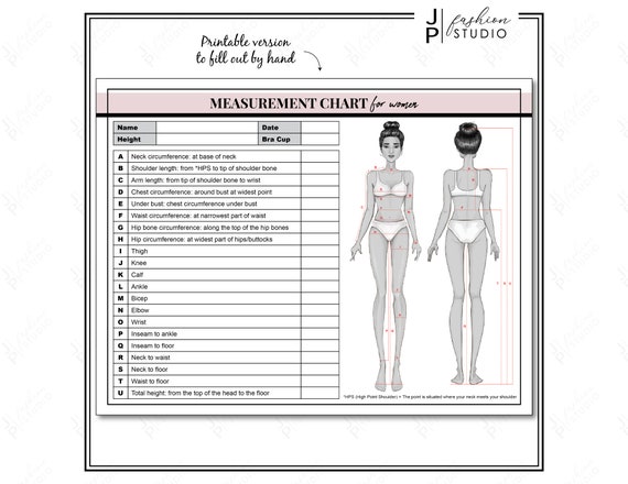 Women's Body Measurement Chart, Fashion Design Template (Printable PDF & JPG)