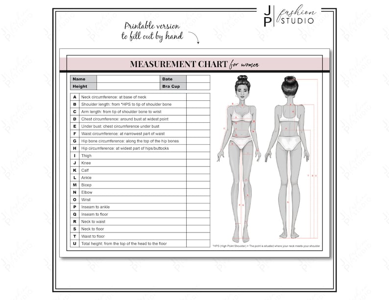PRINTABLE Women Body Measurement Sheet, Fashion Designer Template, Sewing Measurement Sheet PDF, body contouring