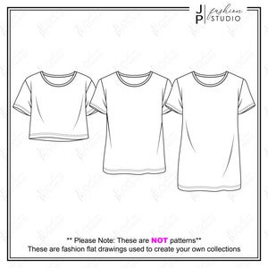 May include: Line drawing of three t-shirt designs. The shirts are all crew neck and short-sleeved. The top shirt is cropped. The text "Please Note: These are NOT patterns" is at the bottom of the image. These are fashion flat drawings used to create your own collections.