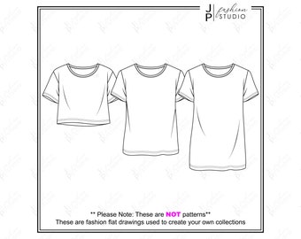 女性用バギートップスのセット（3スタイル）ベクターファッションフラットスケッチ / ファッションテクニカルイラストテンプレート / クロップ、レギュラー丈、チュニックトップ