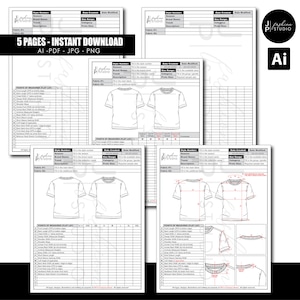 Tech Pack-specificatiebladsjablonen voor basis-T-shirts, modeontwerp in de kledingindustrie; mode-CAD; ontwerpsjablonen; Bewerkbaar en afdrukbaar
