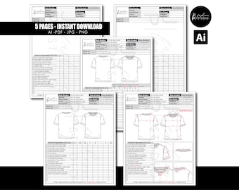 Tech Pack Spec Sheet Templates for Basic T-shirts, apparel industry fashion designing; fashion CAD; design templates; Editable & Printable