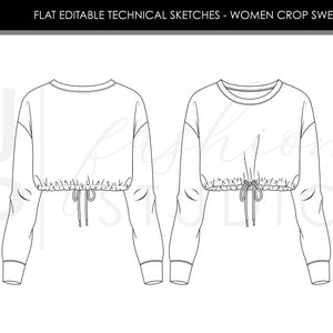 Conjunto de blusas/sudaderas de moda para mujeres 2 estilos Bocetos planos de moda vectorial/Plantilla de ilustración técnica de moda imagen 4