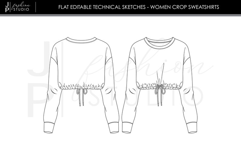 Conjunto de blusas/sudaderas de moda para mujeres 2 estilos Bocetos planos de moda vectorial/Plantilla de ilustración técnica de moda imagen 4