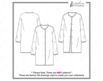 Boceto plano de moda de abrigo largo para mujer / Plantilla de dibujo técnico de moda / Diseño de arte lineal de moda