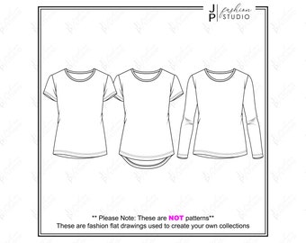 Set of Women Tops (3 styles) Vector Fashion Flat Sketches / Fashion Technical Illustration Template / Short and Long Sleeves top options