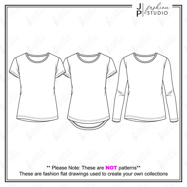 Set of Women Tops (3 styles) Vector Fashion Flat Sketches / Fashion Technical Illustration Template / Short and Long Sleeves top options