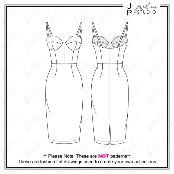 Women Corset Dress Fashion Flat Sketch / Fashion Croquis / Technical Drawings for Adobe Illustrator