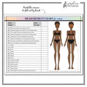 Foglio di misurazione del corpo stampabile per donne nere, modello di stilista di moda, afroamericano, foglio di misurazione del cucito, PDF e JPG