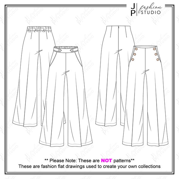 Set of Women Flare High Waist Sailor Pants (2 styles) Vector Fashion Flat Sketches / Fashion Technical Illustration Template