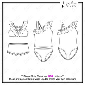 Set of Girls Frill Swimwear (3 Styles) Vector Fashion Flat Sketches / Fashion Technical Illustration Template / Bikini, Tankini, One-piece
