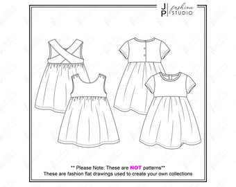 Set of Baby Girls Dresses (2 styles) Vector Fashion Flat Sketches / Kids Fashion Technical Illustration Template